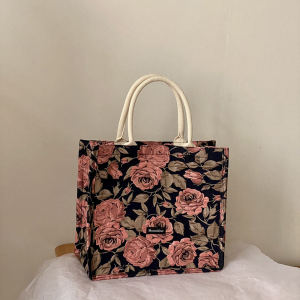 Retro Large Capacity Tote Bag Floral Embroidery Handbag Shopping Bag Womens Single Shoulder Bag Casual Cotton Material