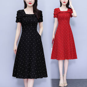 Impression Fashion Women Vintage Polka Dot Ruffle Square Neck Short Sleeve High Waist Tunic A-line Midi Dress Plus Size