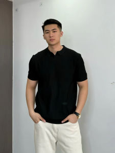 ZHUOCAN | Black Knit Ribbed Polo Shirt 5/8 Sleeves Cleanfit