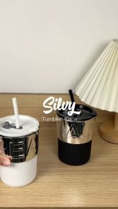 RUMATIDY: SILVY Tumbler Kaca Silver Cup Estetik Kopi Coffee dengan Sedotan Aesthetic Tumblr Bottle Coffee