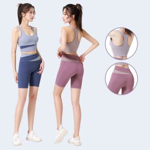 Bộ quần áo tập gym nữ không viền cổ vải thun lạnh co giãn 4 chiều có mút ngực - Set quần lỡ và áo bra KENZI-64