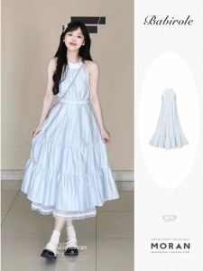 Summer New Sweet French Style Womens Dress with Beautiful Butterfly Knot Neck Hanging Waist Cinching Long Skirt Princess Style