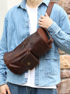 กระเป๋าผู้ชายหนังแท้แฮนด์เมดกระเป๋าหนังวัวชั้นแรกแนววินเทจกระเป๋าคาดอกไฟฟ้าแบบถือสำหรับผู้ชายกระเป๋าคาดเอวทรงจีบความจุใหญ่กระเป๋า