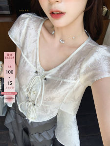 Artistic Bamboo Leaf Pattern Short Sleeve Shirt Chinese Style Womens Business Casual Shirt V-Neck Thin Material Straight Cut