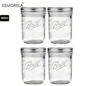 KEMORELA 2/4PCS Wide Mouth Glass Mason Jars with Lids - 470ML for Canning Pickling Juice Jam Jelly Reusable Dishwasher Safe
