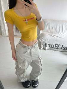 American Style Sweet And Spicy Short Sleeve T-Shirt Womens Summer Slimming Printed U-Neck Top Trendy Short Length Shoulder