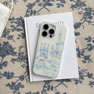 Blue Line Sketch Dinner Candlestick Cake Tableware Pattern White Glossy Case Cover for iPhone 13 14 15 16 17 Pro Max 17 Air