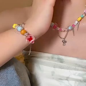 【Pharaoh🎀COD】Rainbow Candy Kalung Retro Gadis Pedas Tulang Selangka Rantai Y2k Gaya Gelang Manik