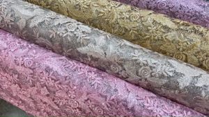 ผ้าลูกไม้ 45 นิ้ว ผ้าปักลายดอก ผ้าลูกไม้ฝรั่งเศส มีเชิง ผ้าเมตร หน้ากว้าง 130 ครั้ง