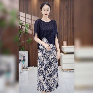 MAIMEI | Elegant Midlife Womens Chiffon Dress Summer Fashion High Waist A-Line Skirt Short Sleeve Round Neck Plant Floral Print Gown