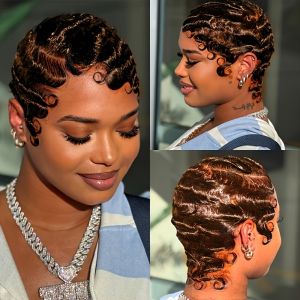 Mái Tóc Giả Pixie Cut Màu Đen 99j Với Kết Cấu Sóng Ngón Tay Chất Liệu Ren Trong Suốt 13x4 Đã Được Tỉa Sẵn Tóc Người Brazil Remy Kích Thước Trung Bình