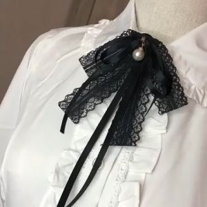 Retro JK Black Ribbon Bows Tie Rhinestone Bee Pearl Bow Neckties Women Dress Blouse Cravats Collar Flower Accessories Jk Tie Women Ribbon Bows for Rhinestone Brooch Bows Tie Blouse Collar Pin Women Ribbon Bows