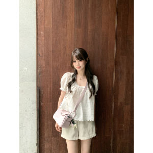 AHY White Moonlight 100% Cotton Embroidered Fabric Bubble Sleeve Ruffle Trim Blouse Double Version New Arrival Womens Fashion