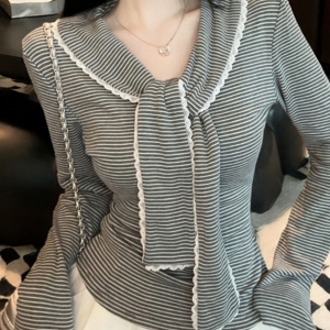 GUZILIAN | Sweet Striped Slimming Lace-Up Top