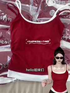 Hong Kong Style Retro Red Hot Girl Fake Two-Piece Bustier Womens Sling Tank Top for Interior and Exterior Wear