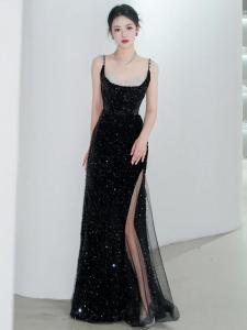 Elegant Black Evening Gown Womens High-End Luxury French Style Hostess Fish Tail Dress for Wedding Party Performance And Daily Wear