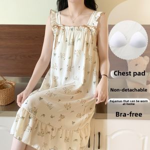 Pure Cotton Sleepwear Summer Womens Style Strap Dress with Chest Pad Tulip Dress Sweet Collar Home Clothes Mid-Length Skirt