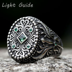 2022 New Unique Design Stainless Steel Turkish Stone Ring Vintage Pattern Mens Ring Retro National Style Jewelry Gift