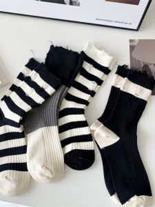 Color Stripes Ripped Thick Needle Wandering Beggar Style Cotton Mid-Calf Length Men and Women Couple Bunching Socks Ins Fashion