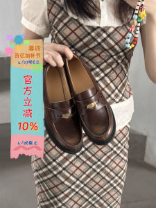 Musi Autumn Winter British Style Retro Gold Coin Flats Chunky Heel Commute High Heels Brown Leather Single Shoes Fashion Loafers