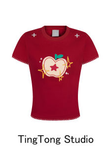 เสื้อยืดคอกลมแขนสั้นปักลายสีแดง ทรงสลิมฟิต ความยาวสั้น เสื้อผ้าทำงานสไตล์เกาหลี แฟชั่นฤดูร้อน ใส่สบาย ระบายอากาศได้ดี