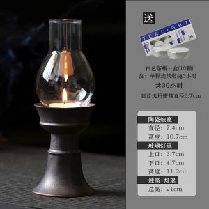 โคมเทียนเซรามิกสไตล์จีนพร้อมฝาปิดแก้วป้องกันลม โคมเทียนสไตล์ย้อนยุคสำหรับร้านอาหาร ฐานเทียน ตกแต่งห้องน้ำชา