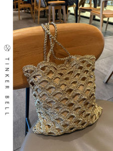 Elegant Hollow out Woven Womens Bag 2025 New Lightweight Luxury Twist Beach Sandbag Korean Style Casual Bucket Shape