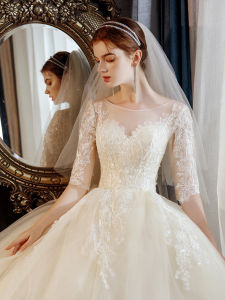 Elegant Long Sleeve Wedding Dress Floor Length One Shoulder Lace Train Gown for Pregnant Brides Sweet Style Princess Skirt