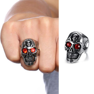 Ka💥Halloween Cincin Tengkorak Eropa Dan Amerika Baru Retro Retak Kepala Hantu Cincin Cincin Pria Bertatahkan Batu Ruby