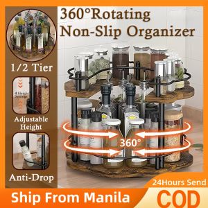 Rotatable Kitchen Spice Rack Organizer With Anti-Slip Wood Kitchen Storage Rack Organizer Seasoning Beverage Storage Rack Movable Kitchen Shelf Bottom Adjustable Height Bedroom Cosmetics Storage Rack Cupcake Display Rack For Christmas Birthday Party 1/2 L