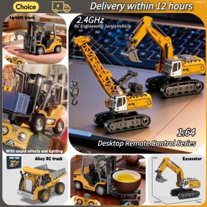 1:64 RC Mini Alloy Car Forklift Crane Excavator Tabletop Game 2.4G Hz Remote Control Engineering Lift Truck Childrens Toys Gift