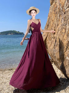 Đầm midi CHANGTONG chữ A cổ chữ V xếp ly eo cao thoải mái mùa hè 2025