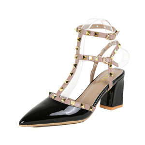 Nude Colored Studded Pointed Toe Thick Heeled Sandals