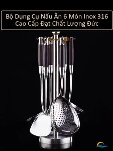 Bộ 6 Món Dụng Cụ Nấu Ăn Inox 316 SSGP Kèm Giá Treo Xoay 360 Độ Tay Cầm Vân Gỗ Cách Nhiệt Chống Nóng Kháng Khuẩn Cao Cấp Đạt Chất Lượng LFGB Đức