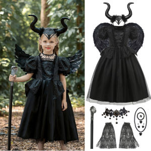 Kids Maleficent Costume Set Girls Evil Queen Outfit Deluxe Black Tulle Dress with Accessories for Carnival Party Role Play