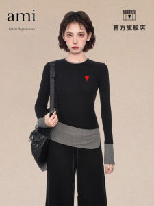 เสื้อยืดแขนยาวทรงสลิมฟิตสำหรับผู้หญิง AMI KMKM ดีไซน์สองชิ้นปลอม เสื้อผ้าทำงานสไตล์หวานและเท่
