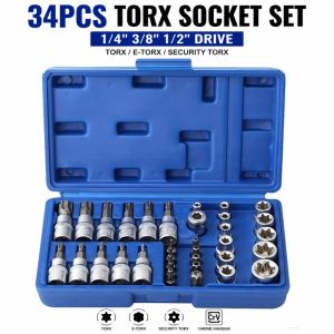 34Pcs Torx Bit & E-Torx Star Socket Set 1/4 3/8 1/2 Drive Male Female Security Bits Mechanic Hand Tool for Auto Repair Garage