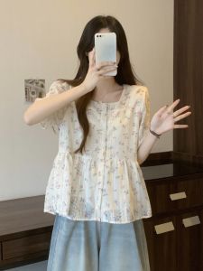 Summer French Style Square Collar Floral Short Sleeve Shirt Little Girls Fat MM Slimming Belly Cover Design Sense Doll Shirt Top