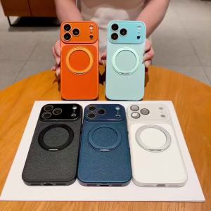 360° Rotatable Foldable Metal Ring Stand Leather Phone Case For iPhone 17 16 15 Plus Pro Max For MagSafe Magnetic Protect Cover