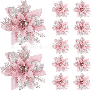 30pcs Glitter Pink Christmas Flowers Xmas Tree 14cm Artifical Flower Ornaments 2023 Merry Christmas Decoration For Home New Year