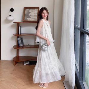 Loose Fit Sleeveless Neck Hanging Shawl Chinese Ink Painting Design Half Skirt Transparent Two-Piece Set for Young Women