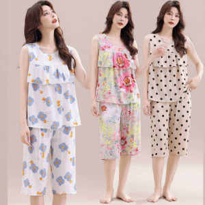 Bộ Đồ Ngủ Lụa Cotton Mùa Hè Mỏng Không Tay Quần Dài Đến Đầu Gối Hai Mảnh Cho Phụ Nữ Trung Niên Và Cao Tuổi Mặc Ở Nhà