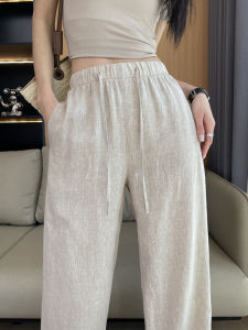 บริสุทธิ์ ผ้าลินิน ขากว้าง กางเกง สูง เอว ลำลอง กางเกงขายาว สําหรับผู้หญิง ฤดูร้อน เอวยืดหยุ่น ผ้าฝ้าย ผ้าลินิน ตรงยาวบาง กางเกง