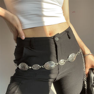 Silver Ethnic Style Womens Decorative Waist Chain Simple Versatile Dress Belt Fashion Skirt Chain Single Circle Hook Buckle