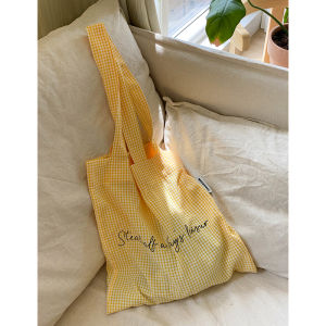 Moregool Original Yellow Plaid Single Shoulder Canvas Bag Lightweight Cotton Tote for Casual Use Medium Size Soft Root Double Shoulder Strap