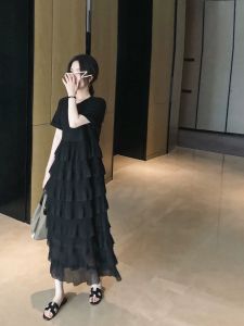 plus Size Womens Dress Slimming Long Black Cake Style Spring Summer Fashionable Casual round Neck Short Sleeve Maxi Dress