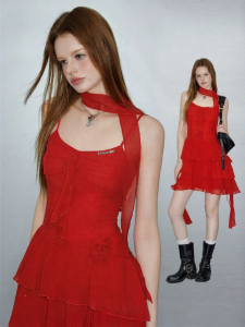 Unifree | Red Chiffon Summer Ruffled Strappy Dress