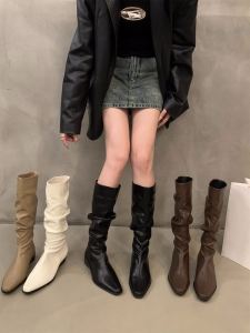 Womens Long Tube Knight Boots Spring Autumn Western Style Thick Heel Folded Design Fashionable Rubber Sole PU Leather