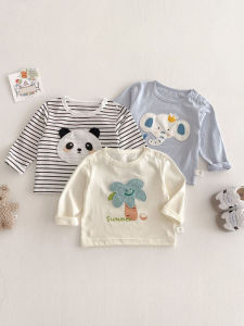 Childrens Pure Cotton Cartoon Long Sleeve T-shirt Patchwork Base Layer Shirt Trendy Korean Style Baby Casual Loose Fit Top