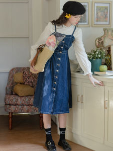 French Strap Dress Womens Spring & Fall New Blue Color Petite Skirt Two-piece Set Dress Retro Denim Suspender Dress